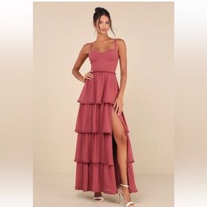Lulus Sophisticated Occasion Rusty Rose Bustier Lace-Up Maxi Dress M Dusty Rose